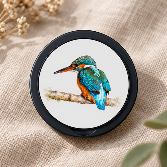 Gesloten magnetic phone grip met IJsvogel in aquarelstijl en zwarte rand, op naturel linnen.