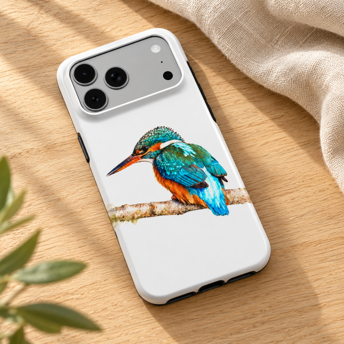 iPhone-hoesje met IJsvogel in aquarelstijl, diagonaal op een houten tafel met naturel linnen.