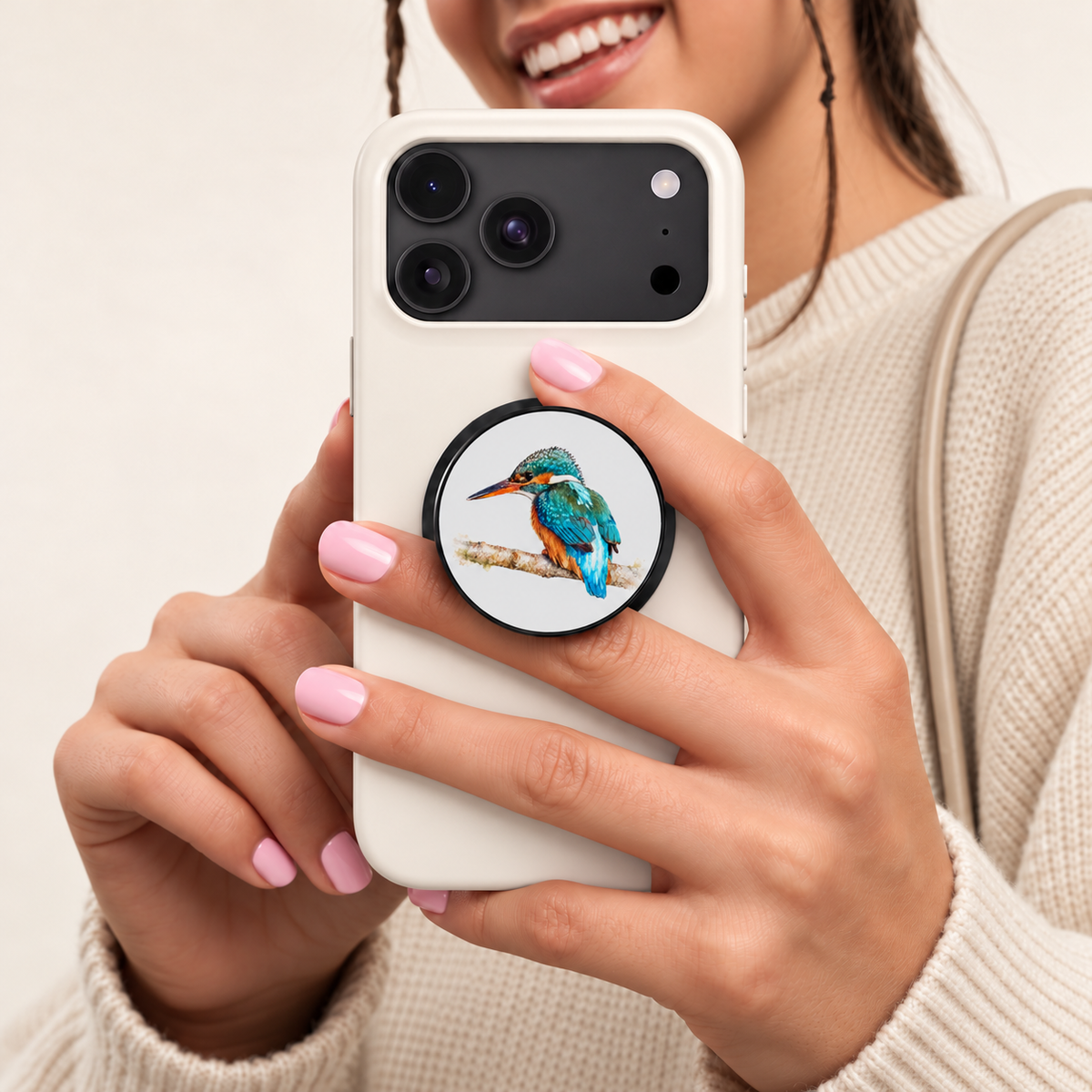 Magnetische telefoongrip met IJsvogel in aquarelstijl in gebruik in de hand, bevestigd op een wit telefoonhoesje.