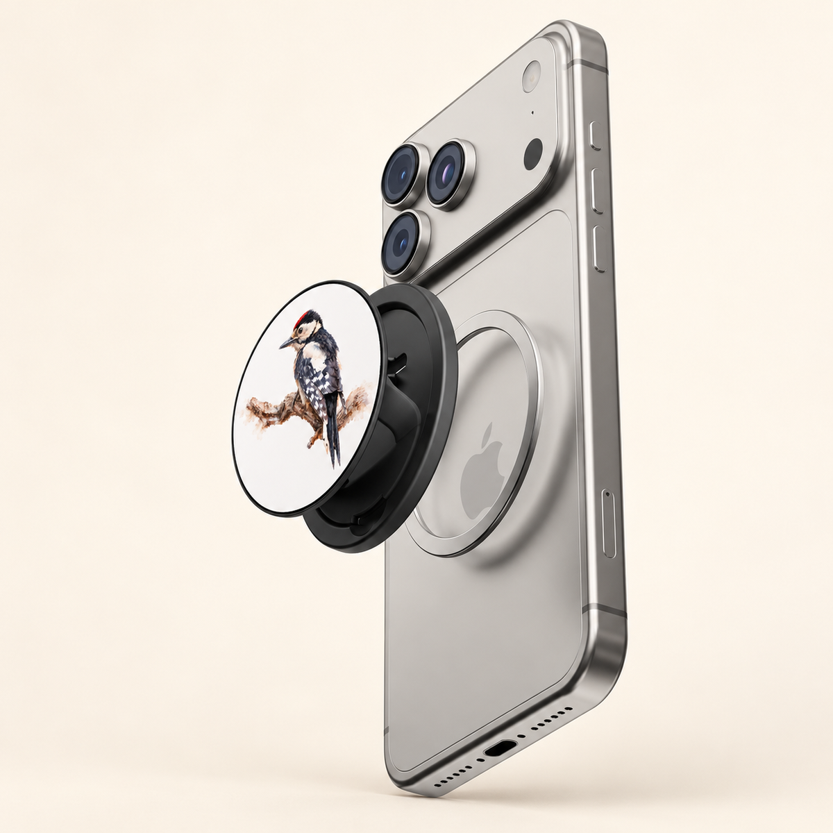 Magnetic phone grip met Grote Bonte Specht naast de magnetische ring op de achterkant van een zilveren telefoon, met de bevestiging zichtbaar.