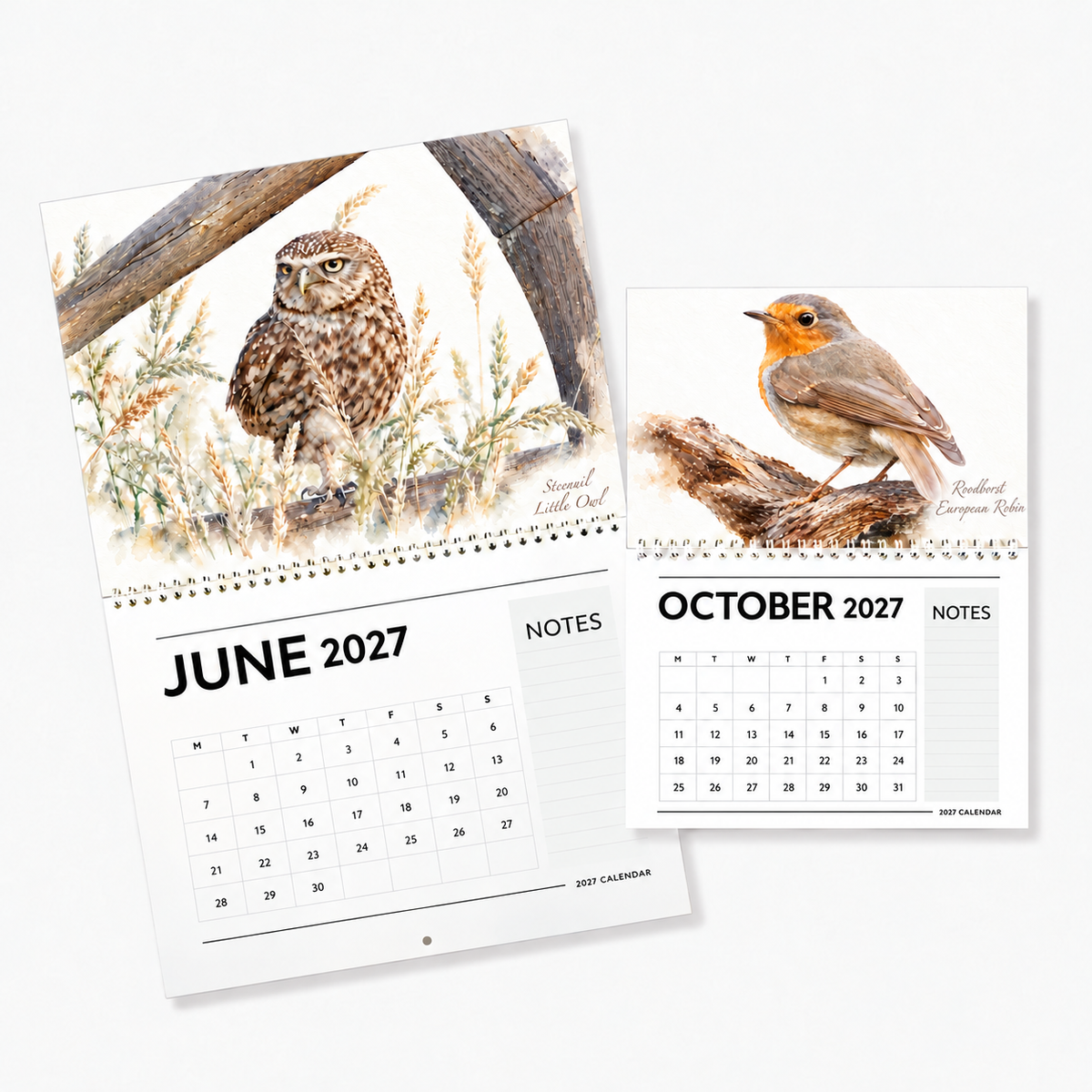Juni- en oktoberpagina van de Aquarelkalender 2027 met een steenuil en een roodborst