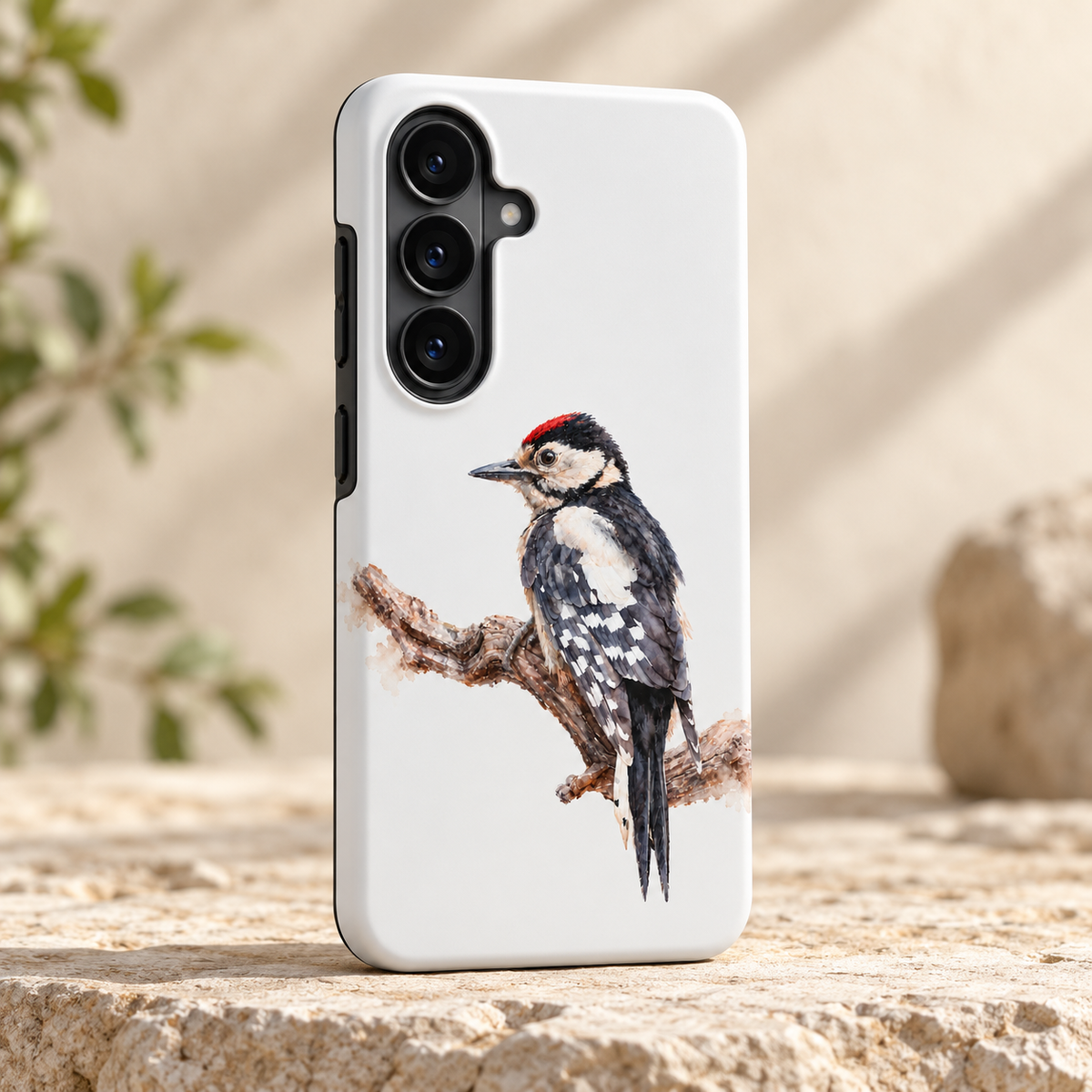 Witte Samsung Tough Case met Grote Bonte Specht en zwarte knopjes, schuin op een lichte stenen ondergrond.