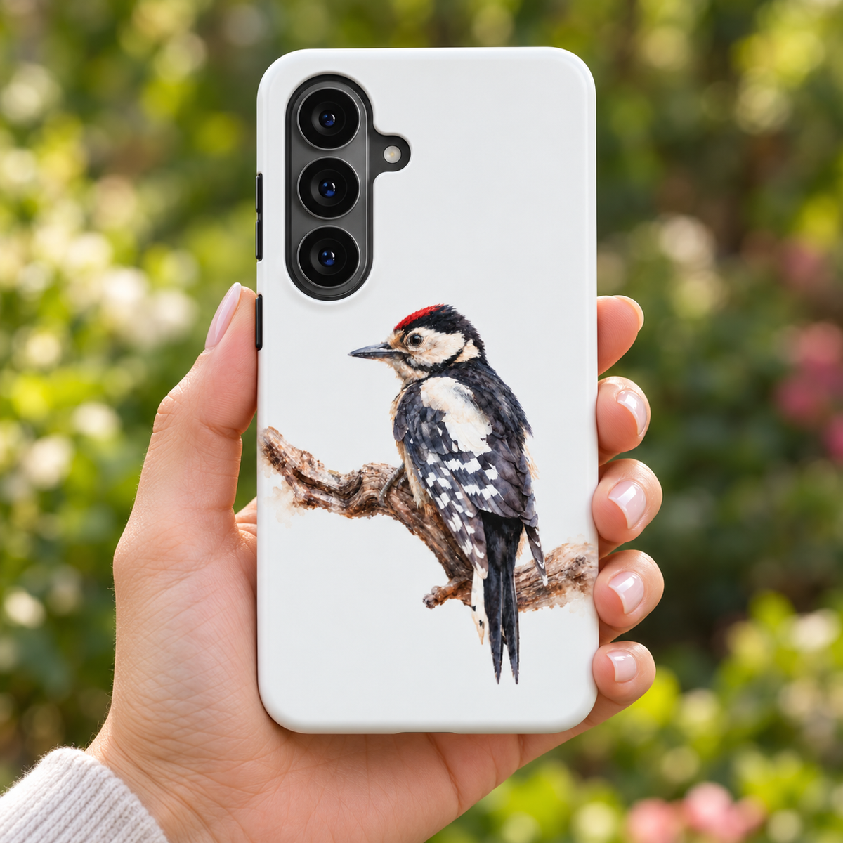 Samsung-hoesje met aquarelontwerp van een Grote Bonte Specht, vastgehouden in een hand tegen een groene tuinachtergrond.