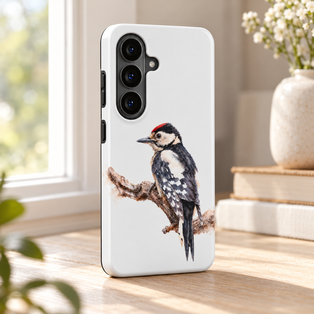Samsung-telefoonhoes met Grote Bonte Specht op een tak, staand op een houten tafel bij een raam.