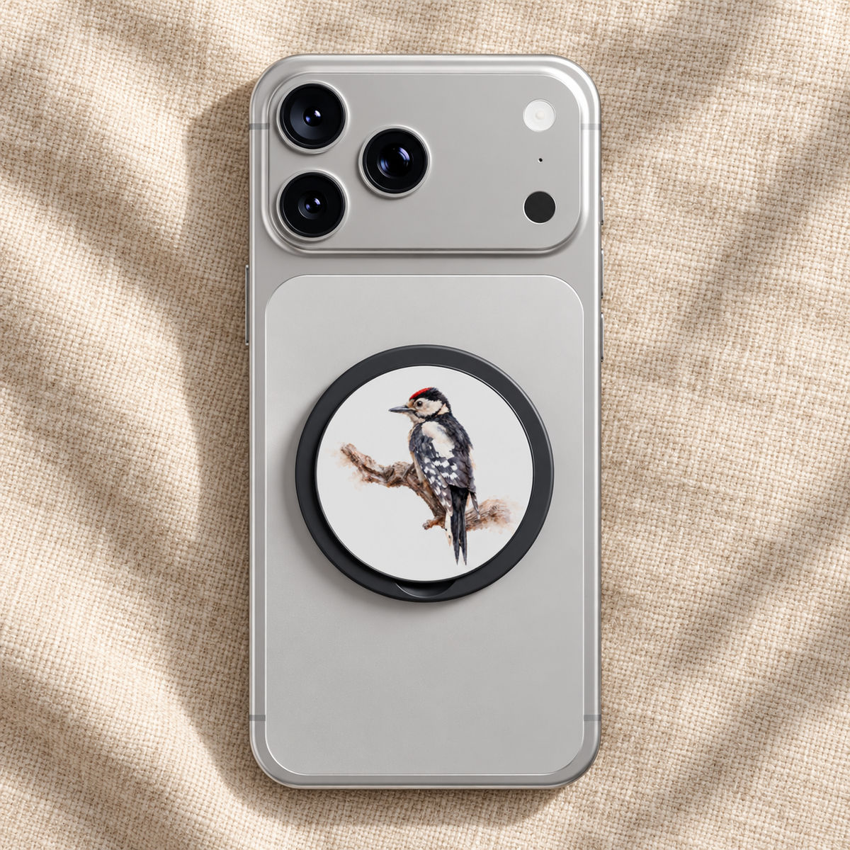 Zilveren telefoon met gesloten magnetic phone grip met Grote Bonte Specht in aquarelstijl, op naturel linnen.