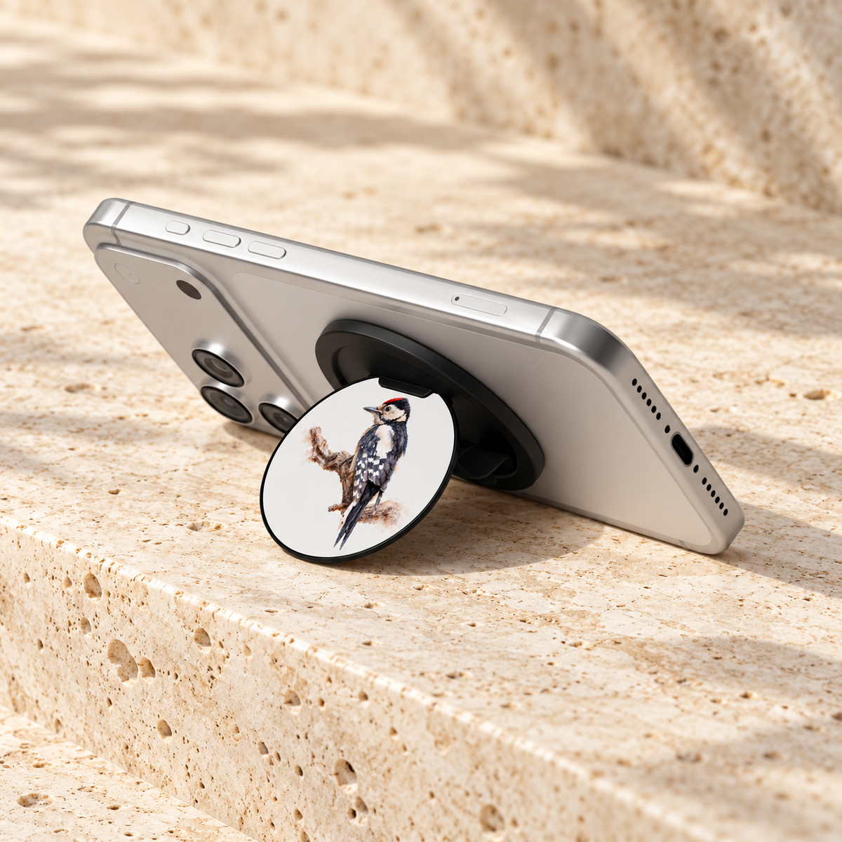 Zilveren telefoon in liggende stand, ondersteund door de uitgeklapte magnetische grip met Grote Bonte Specht, op lichte steen.