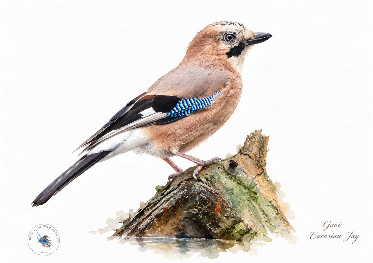 Gaai op een boomstronk met de blauwe vleugelveren zichtbaar, digitaal bewerkt in aquarelstijl
