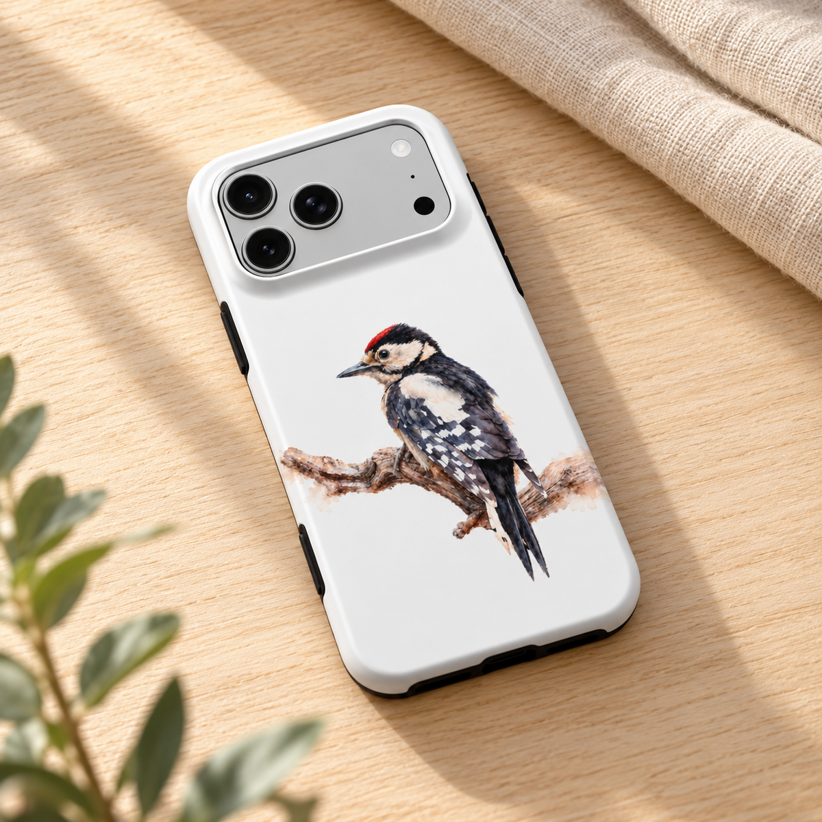 iPhone-hoesje met Grote Bonte Specht in aquarelstijl, diagonaal op een houten tafel met naturel linnen.