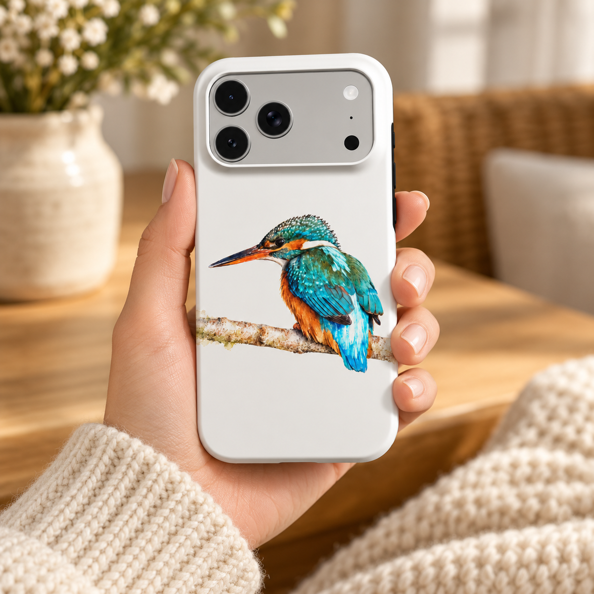 iPhone-hoesje met IJsvogel in aquarelstijl in de hand, met de bedrukte achterkant en camera-uitsparing zichtbaar.