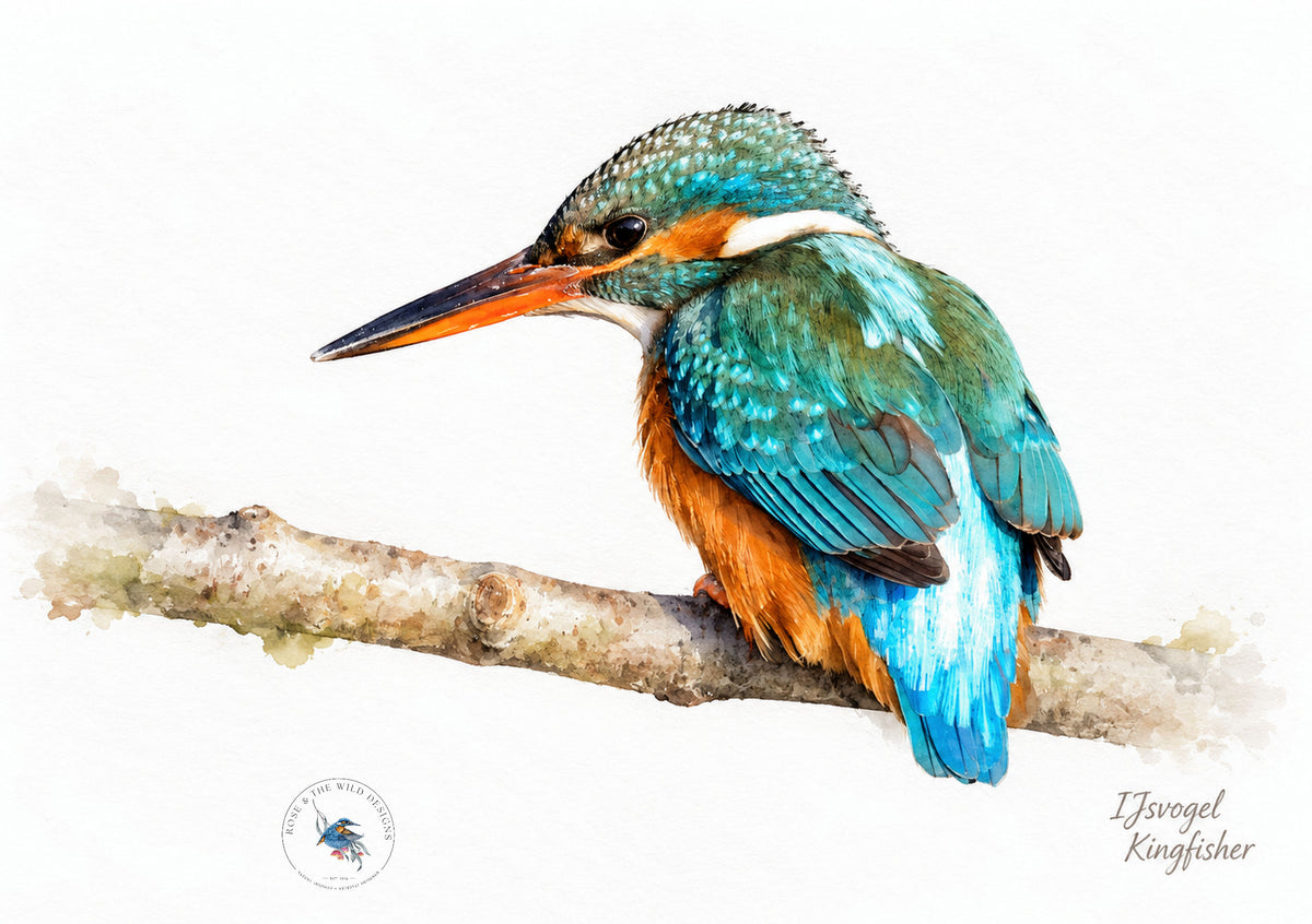 IJsvogel op een tak, digitaal bewerkt in aquarelstijl op een witte achtergrond