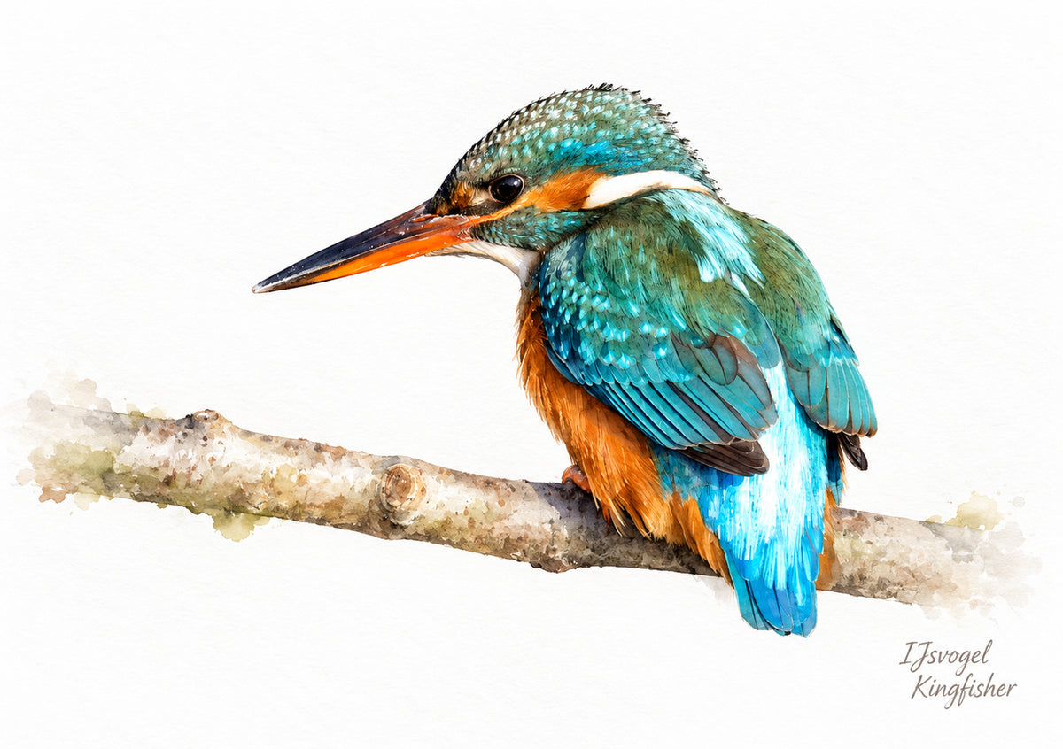 IJsvogel op een tak, digitaal bewerkt in aquarelstijl op een witte achtergrond