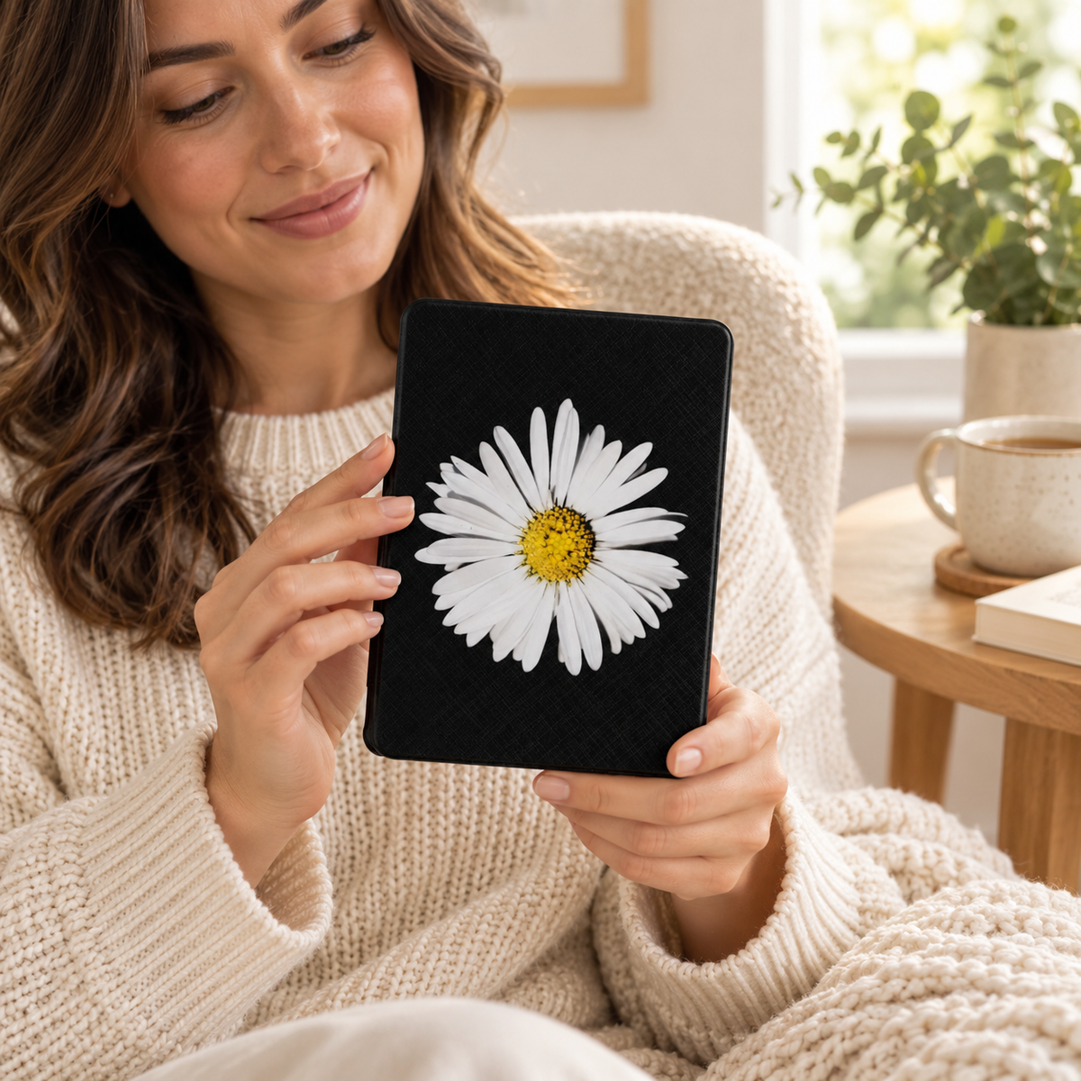 Kindle Paperwhite-hoes met eigen madeliefjesfotografie in een rustige lifestyle setting
