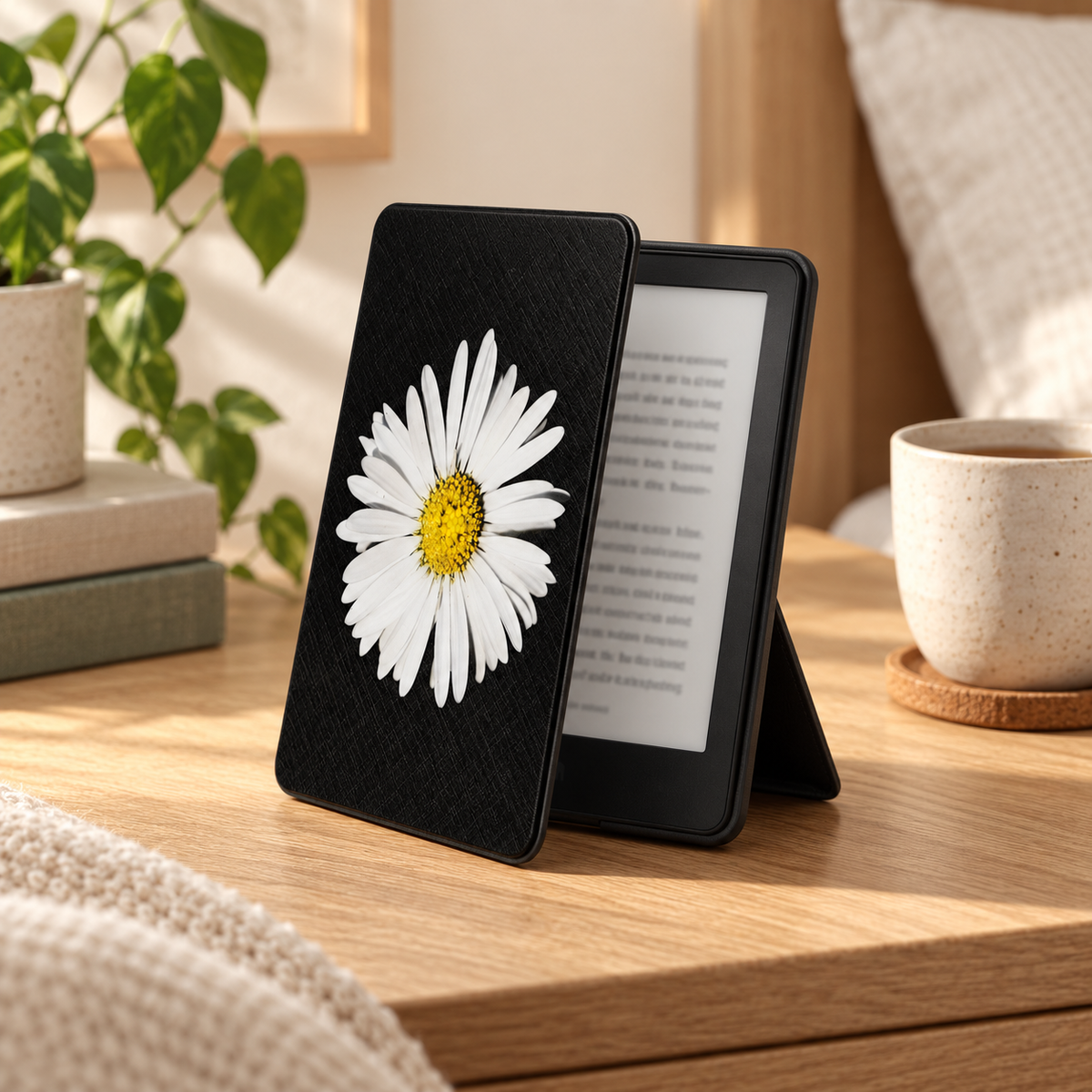 Kindle Paperwhite-hoes met madeliefje gebruikt als standaard