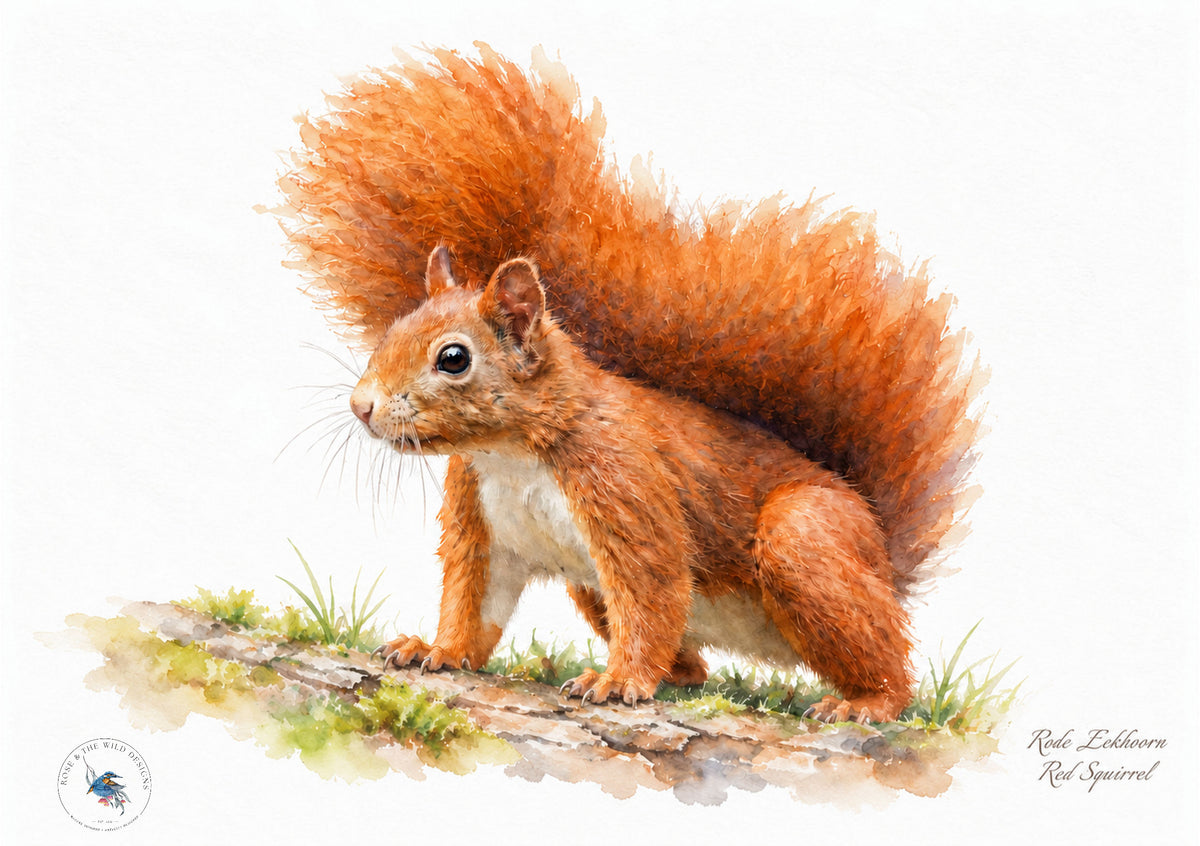Rode eekhoorn op een met mos begroeide tak, digitaal bewerkt in aquarelstijl