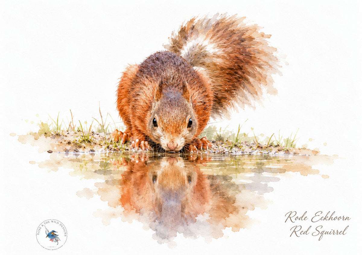 Drinkende rode eekhoorn met spiegelbeeld in het water, digitaal bewerkt in aquarelstijl
