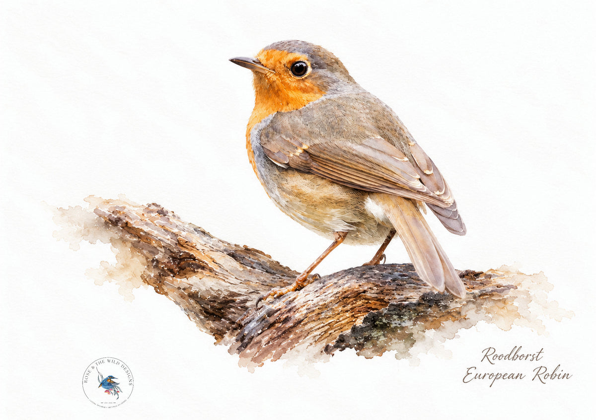 Roodborst op een tak, digitaal bewerkt in aquarelstijl op een witte achtergrond